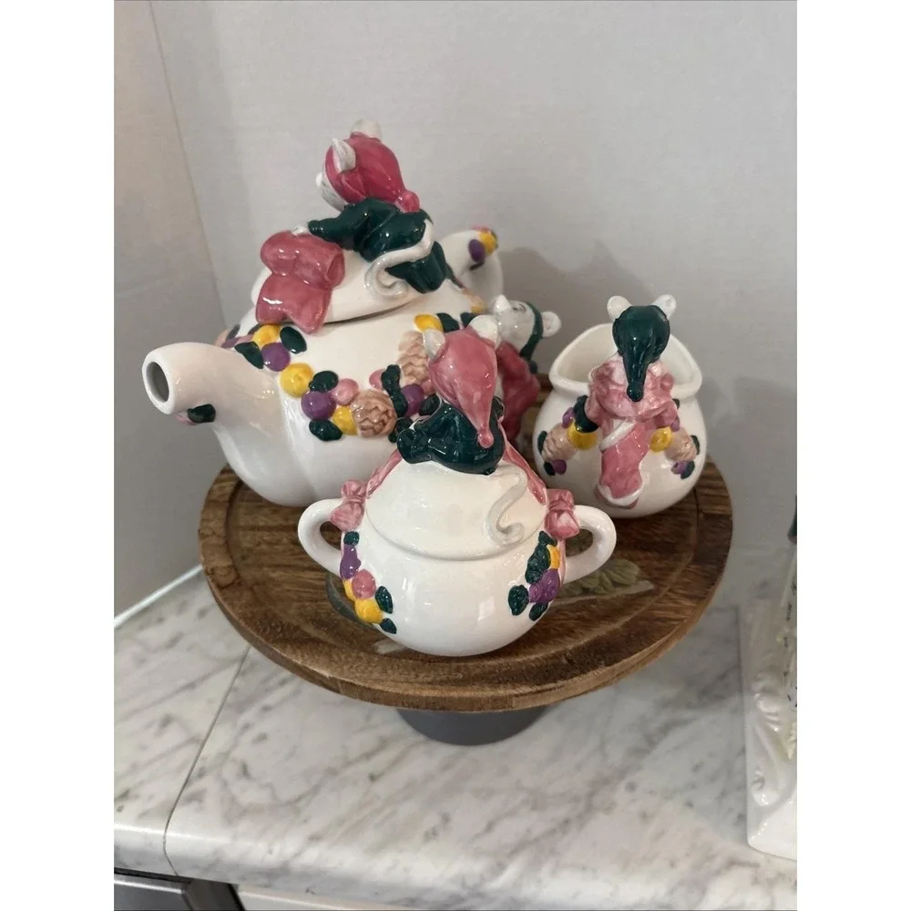 Cat Mouse Applause Inc 5 Pc Set Tea Pot Creamer Napkin Holder Lids Clock Pink